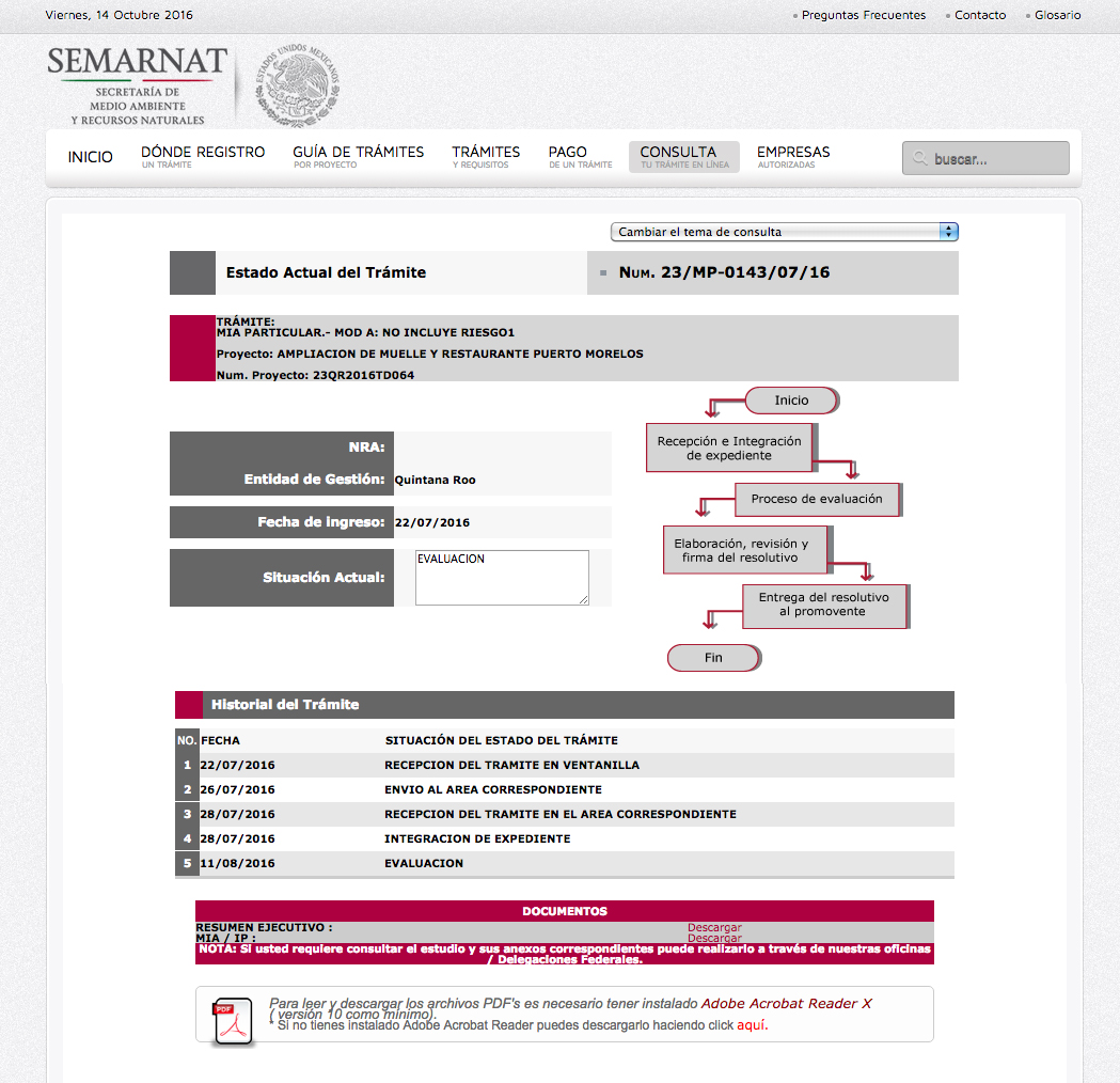 Estatus del proyecto en la página de la Semarnat